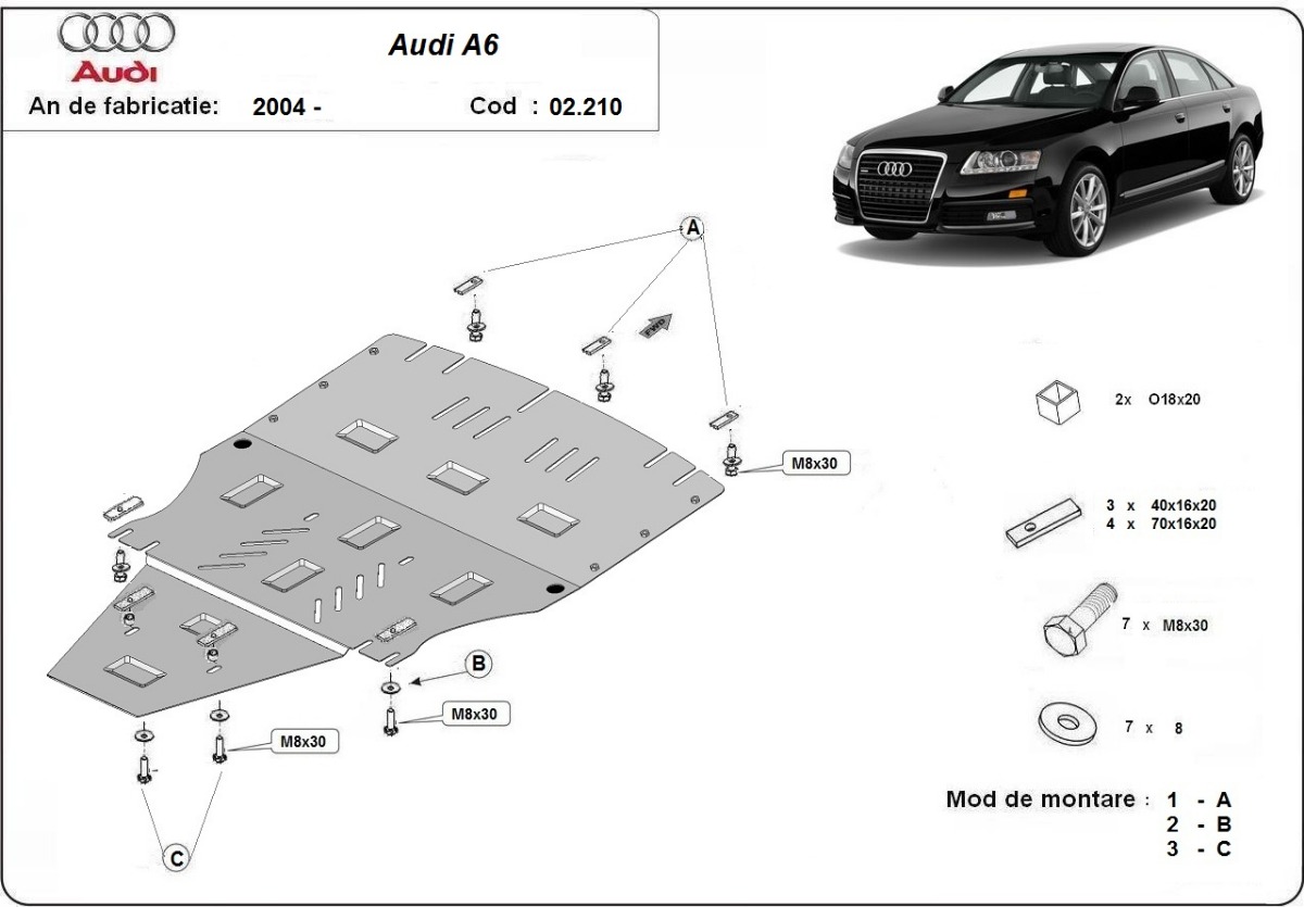 Ocelový kryt olejové vany pro Audi A6 2004 - 2011, Fara laterale