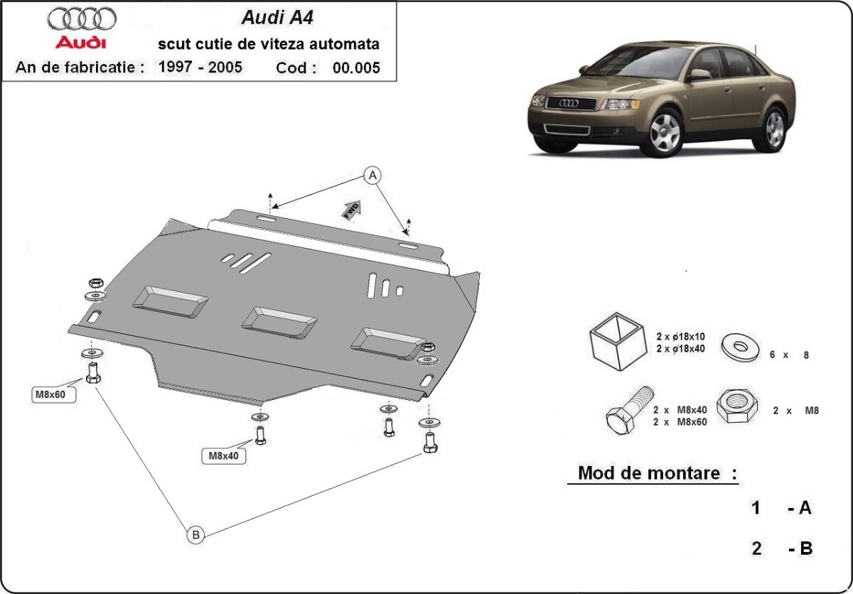 Ocelový kryt automatické převodovky pro Audi A4 B6 2000 - 2005, všechny motory