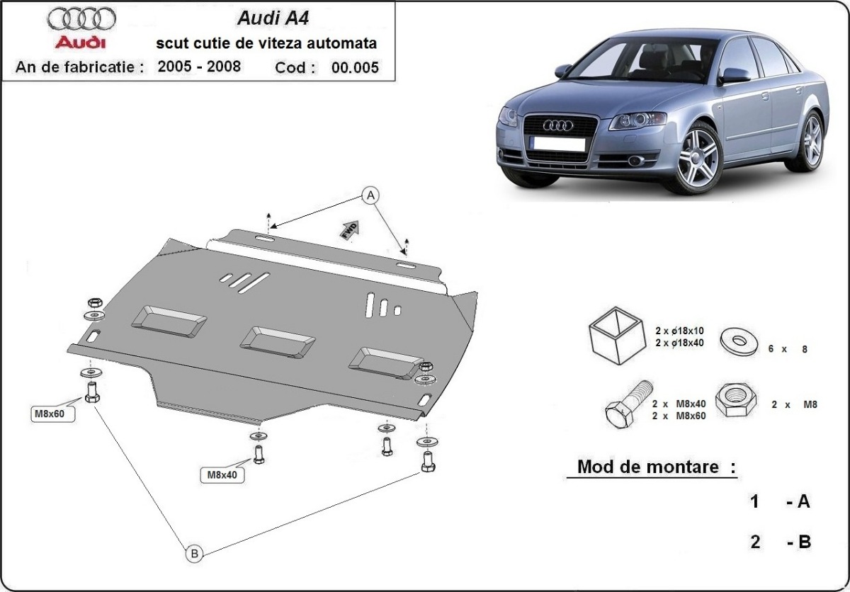 Ocelový kryt automatické převodovky pro Audi A4 B7 2005 - 2008, všechny motory