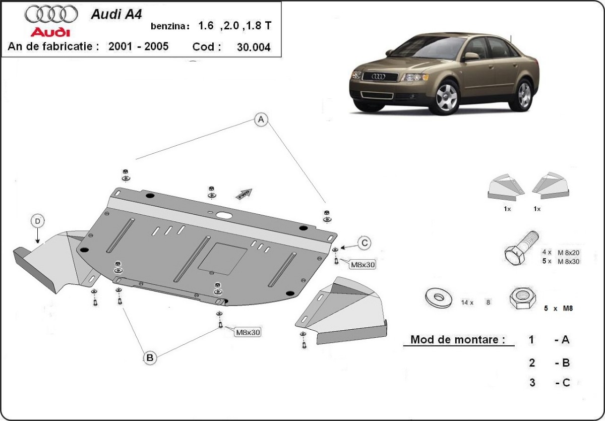 Ocelový kryt olejové vany pro Audi A4 B6 2000 - 2005, 1.6 - 2.0, 1.8T