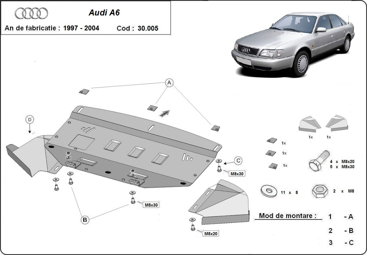 Ocelový kryt olejové vany pro Audi A6 1997 - 2004, 1.9 , 2.6 , 2.8 , 2.5 D , 2.4 T