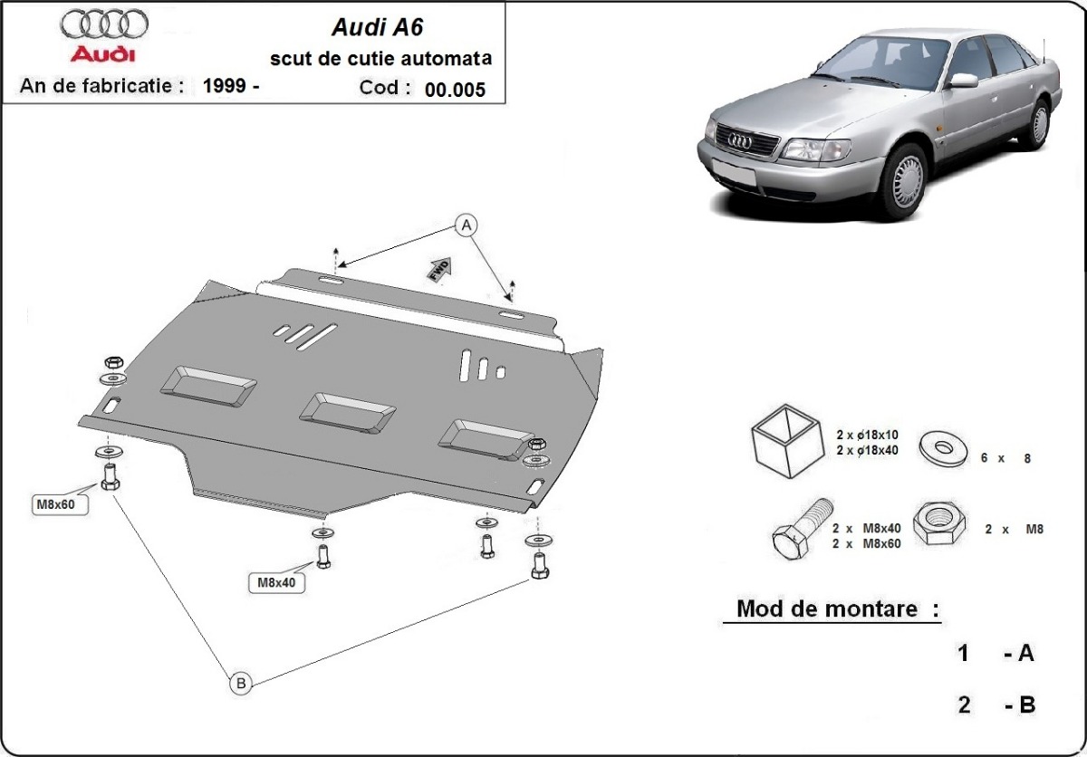 Ocelový kryt automatické převodovky pro Audi A6 1997 - 2004, automata