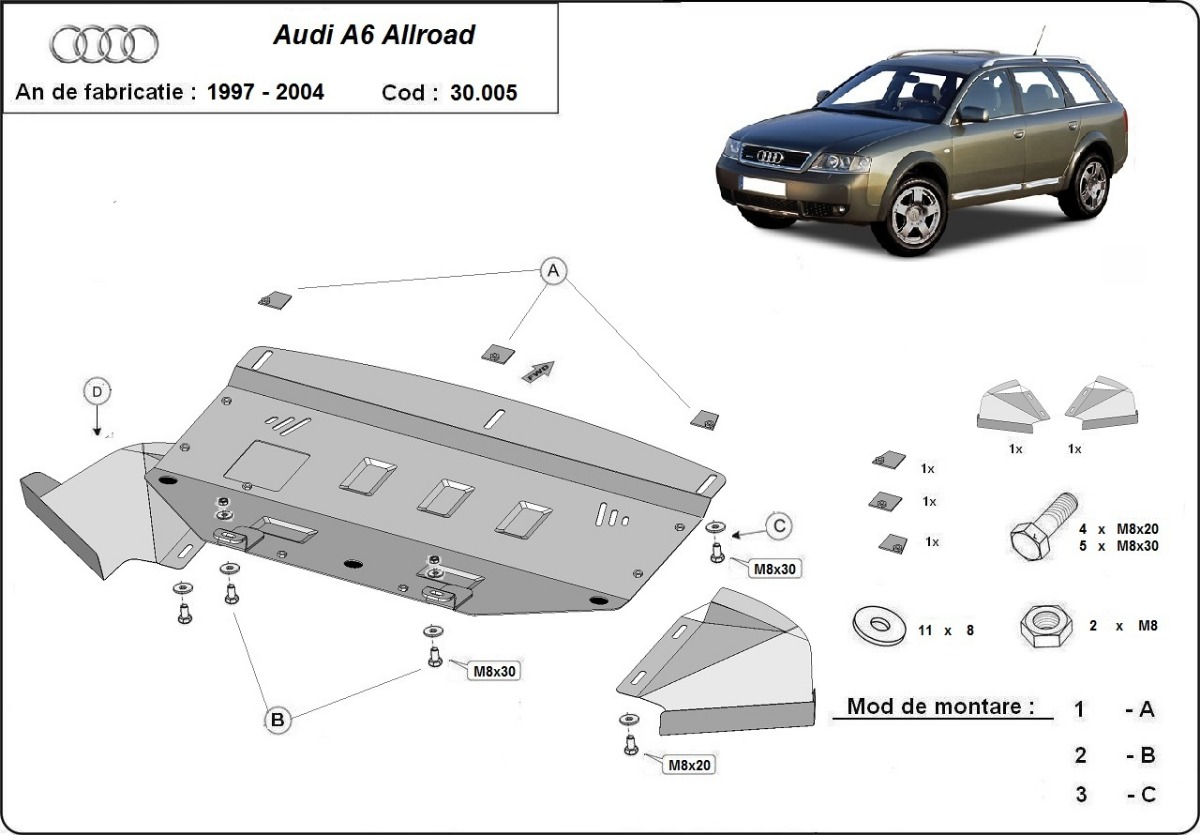 Ocelový kryt olejové vany pro Audi Allroad A6 2000 - 2005, 2,5 tdi