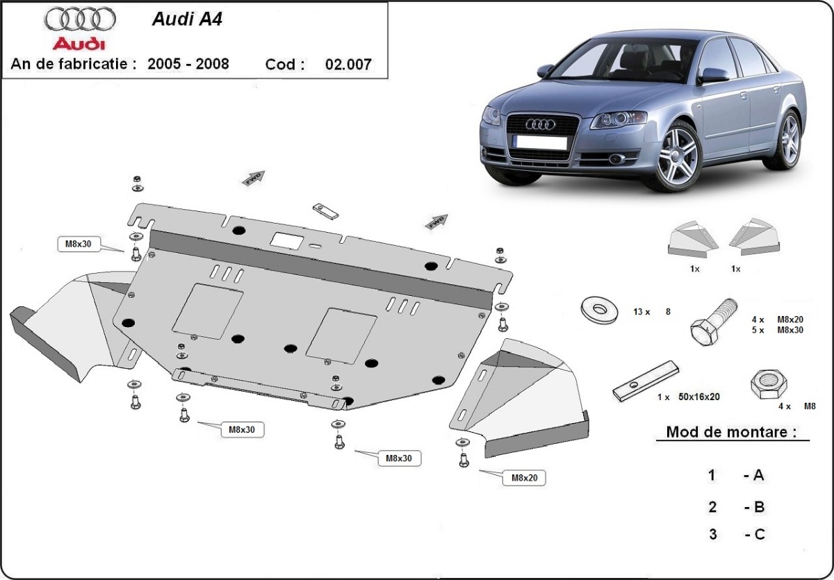 Ocelový kryt olejové vany pro Audi A4 B7 2005 - 2008, 1.6 , 1.8 , 2.0 , 1.9 tdi , 2.0 tdi , 3.0 tdi 3.2 TFSI