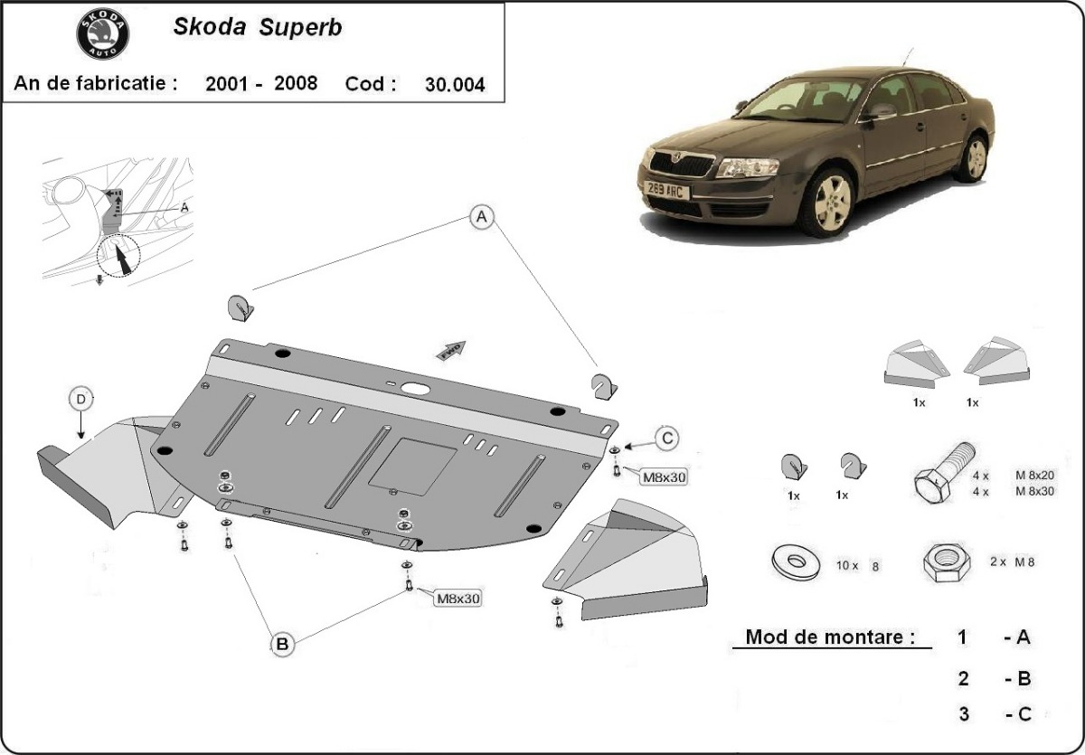 Ocelový kryt olejové vany pro Škoda Superb - 1,8 1,9 2,0 TDI 2001 - 2008, 1,8 1,9 2,0 TDI