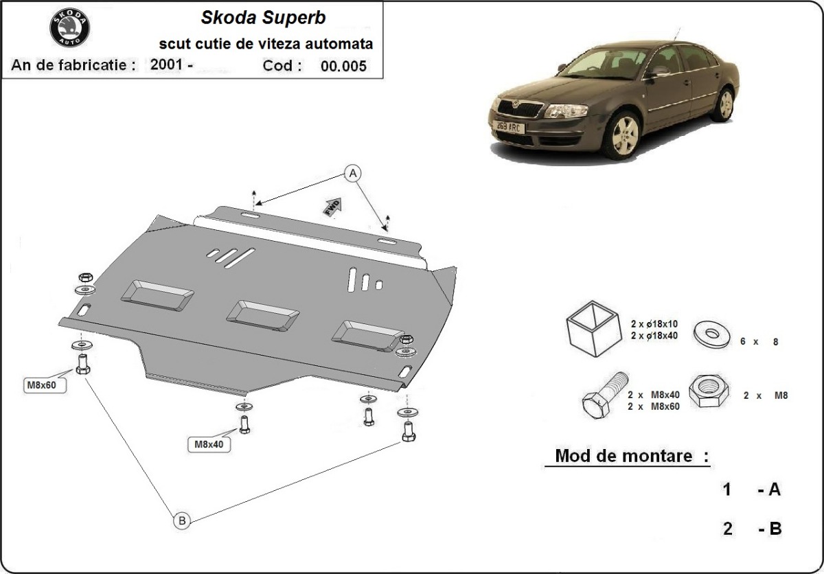 Ocelový kryt automatické převodovky pro Škoda Superb 2001 - 2008, všechny motory