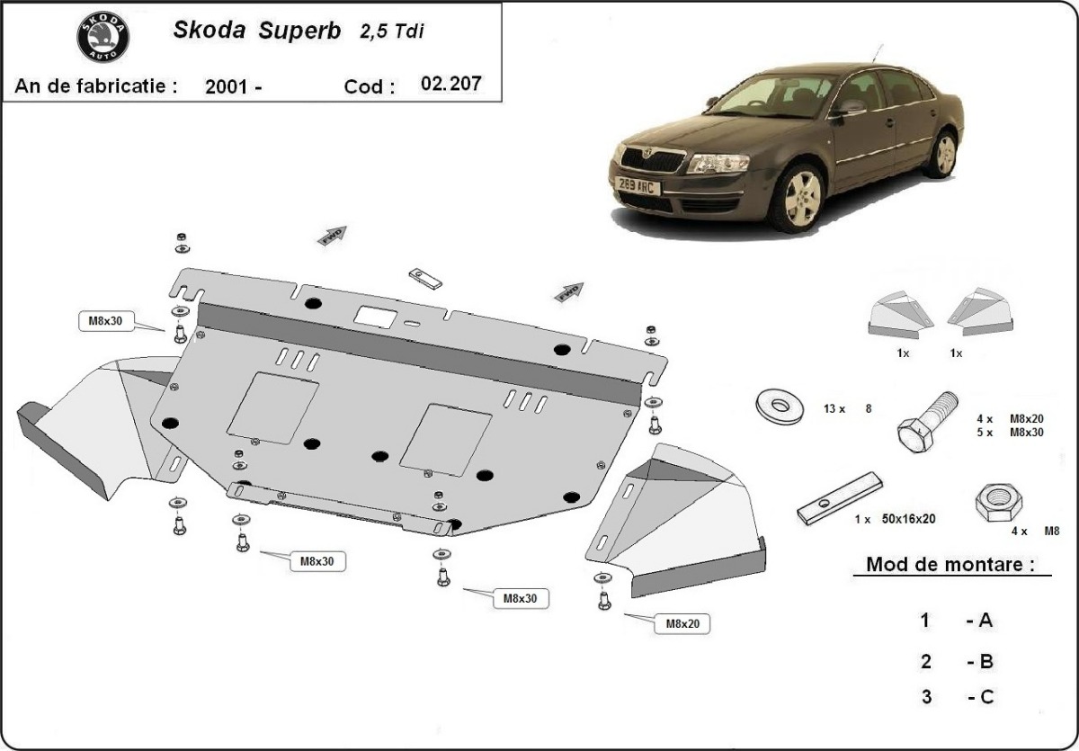 Ocelový kryt olejové vany pro Škoda Superb - 2.5 Tdi, V6 2001 - 2008, 2.5 Tdi, V6