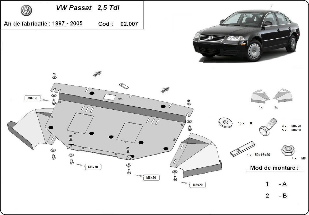 Ocelový kryt olejové vany pro VW Passat B5, B5.5 1997 - 2004, 2.5 Tdi, V6
