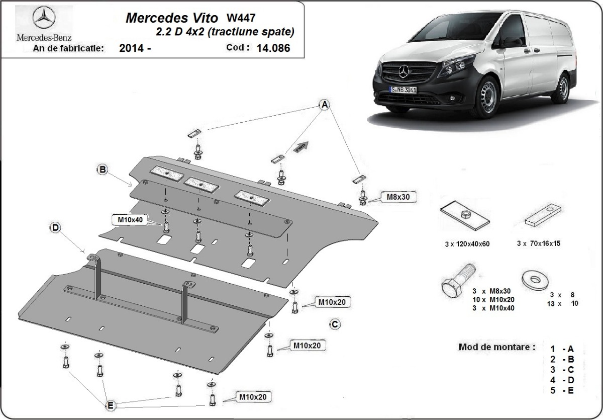 Ocelový kryt olejové vany pro ochranu motoru a převodovky pro Mercedes Vito W447 - 4X2 2014 - 2026, 2.0D, 2.2D, 4X2 RWD