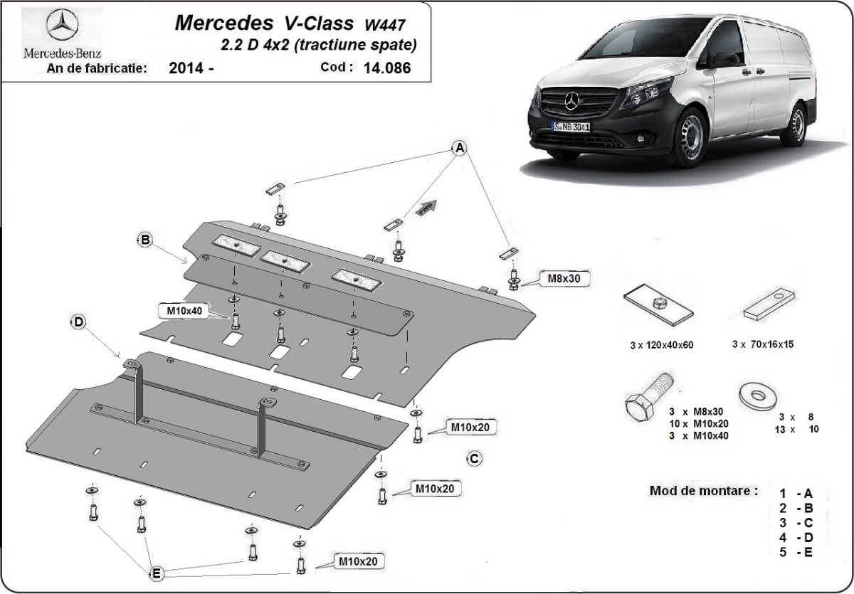 Ocelový kryt olejové vany pro Mercedes třídy V W447 2.2 D, 4x2 2014 - 2026, 2.2D, 4X2
