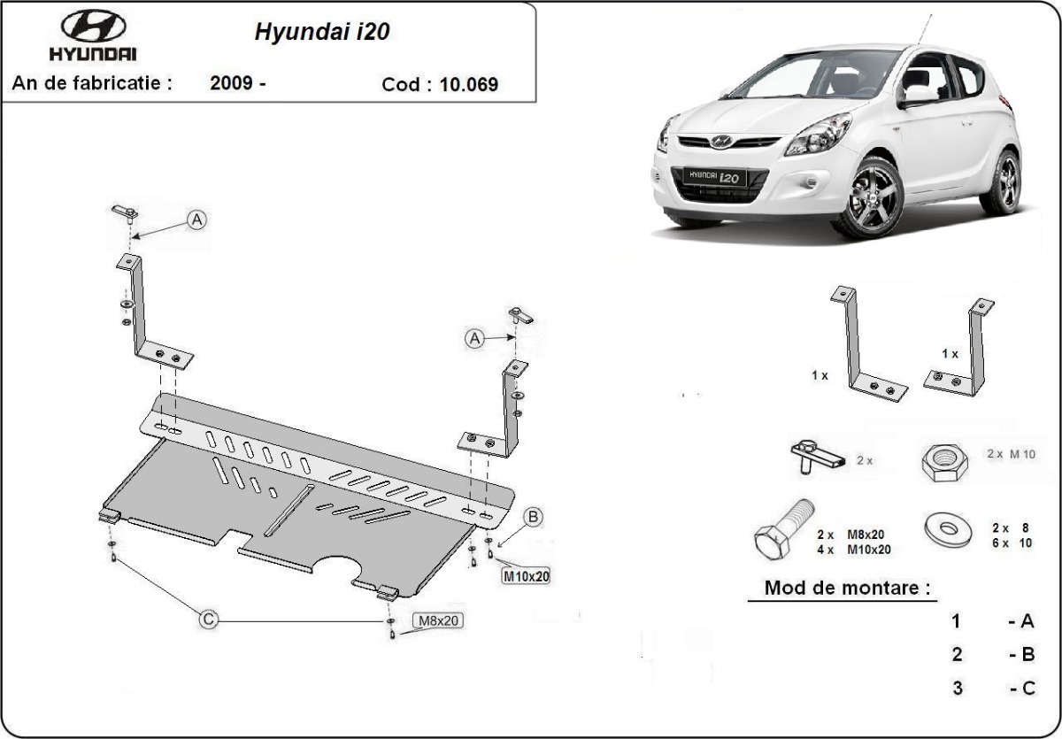 Ocelový kryt olejové vany pro ochranu motoru a převodovky pro Hyundai i 20 2009 - 2014, všechny motory