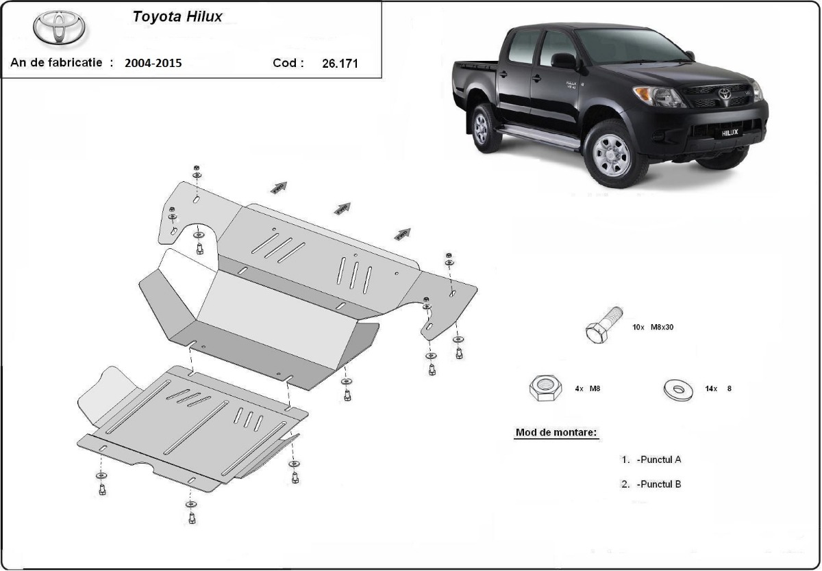 Ocelový kryt olejové vany pro ochranu motoru a chladiče pro Toyota Hilux 2004 - 2015, všechny motory