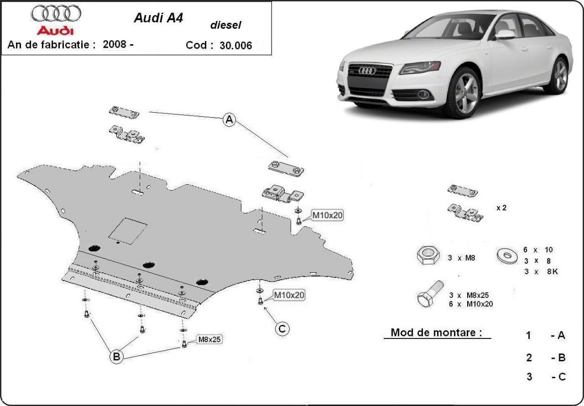 Ocelový kryt olejové vany pro Audi A4 B8, diesel 2008 - 2014, 2.0TFSI,2.0Tdi, quatro, 2.7TDI