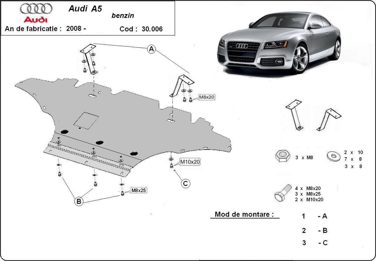 Ocelový kryt olejové vany pro Audi A5, benzín 2008 - 2016, všechny motory