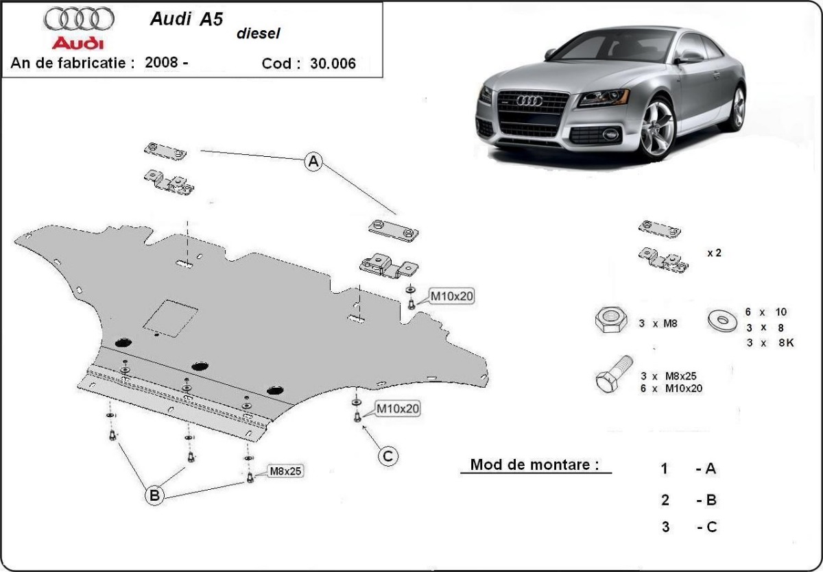 Ocelový kryt olejové vany pro Audi A5, diesel 2008 - 2016, 2.0TFSI,  2.0Tdi, 2.7,  3.0 V6 quattro