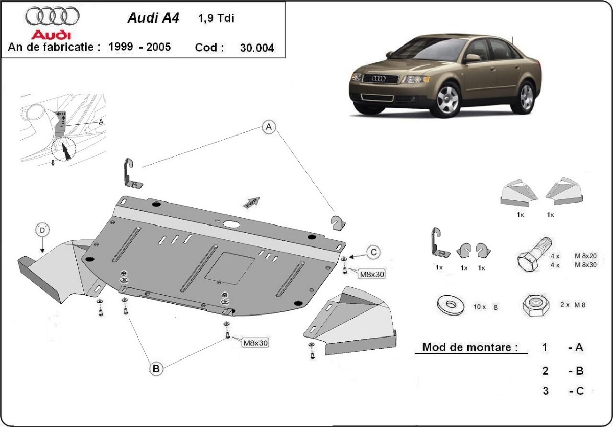 Ocelový kryt olejové vany pro Audi A4 B6, 1.9 Tdi 2000 - 2005, 1.9 tdi