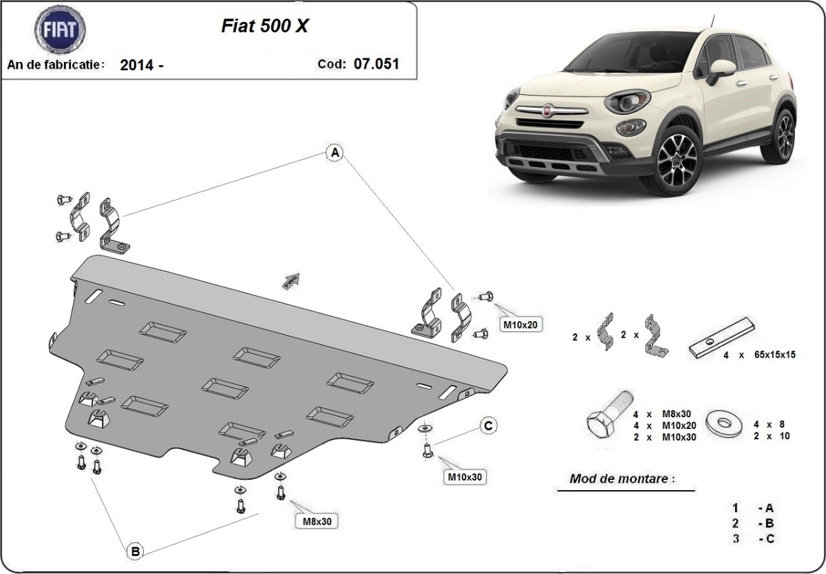 Ocelový kryt olejové vany pro Fiat 500x 2014 - 2026, všechny motory