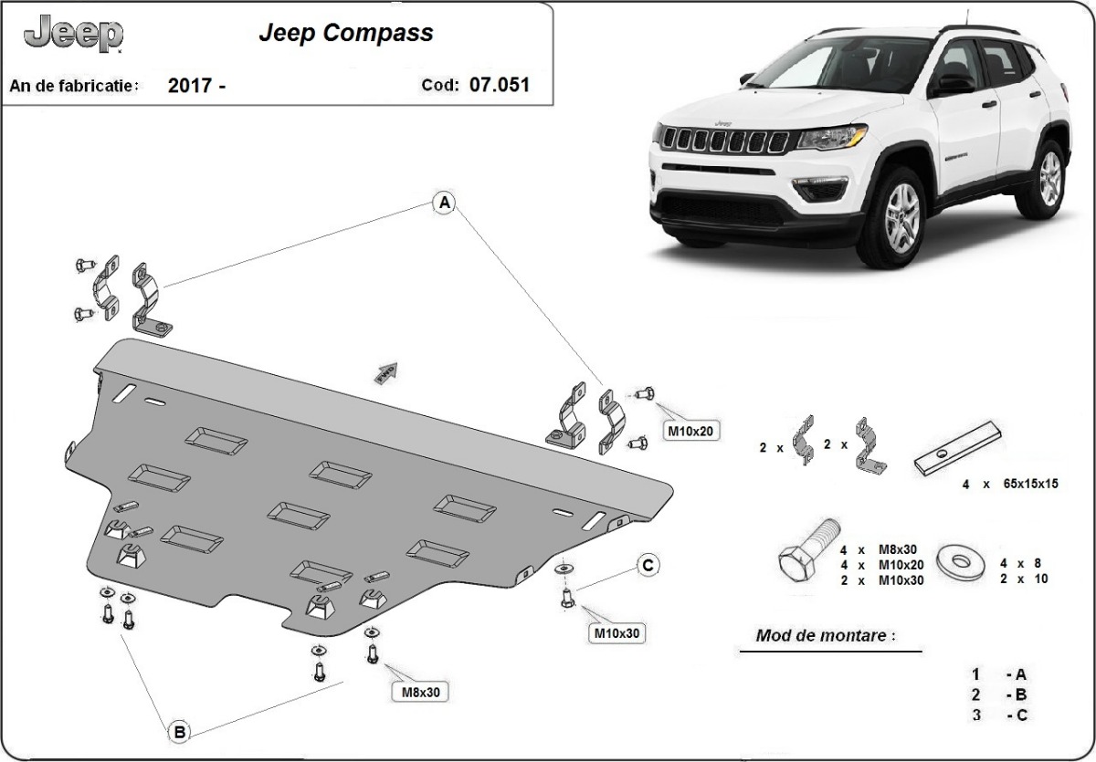 Ocelový kryt olejové vany pro Jeep Compass 2017 - 2026, všechny motory
