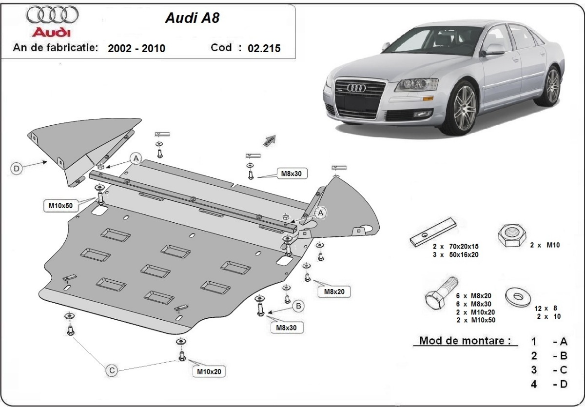 Ocelový kryt olejové vany pro Audi A8 2002 - 2010, všechny motory