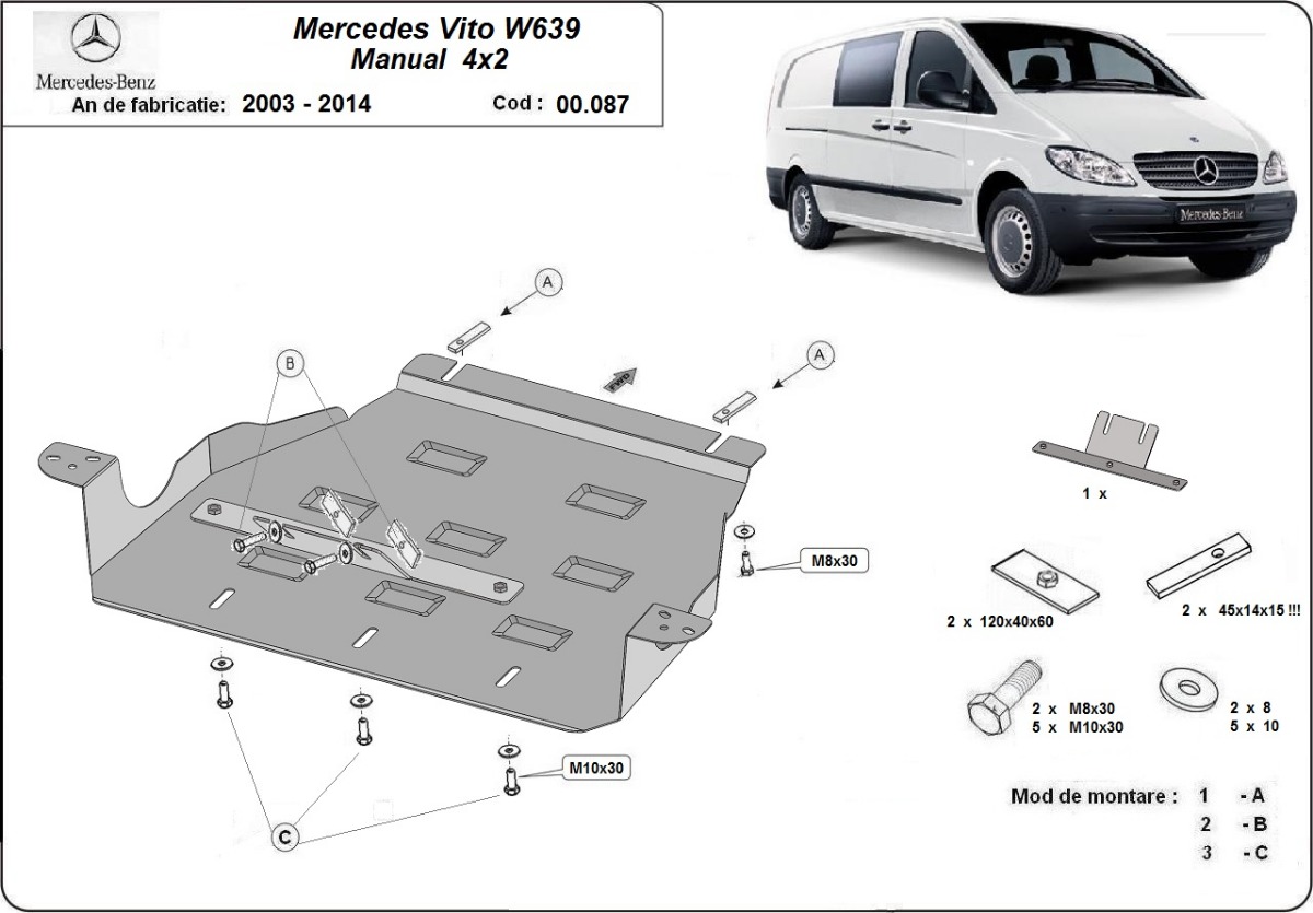 Ocelový kryt převodovky pro Mercedes Vito W639 - 2.2 D 4x2 2003 - 2014, 2.2 D, 3.0 D 4x2