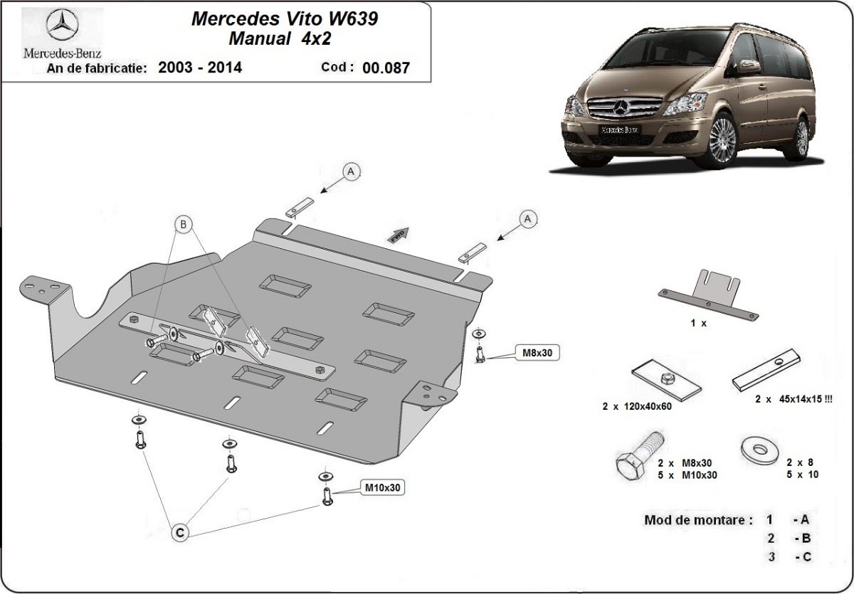 Ocelový kryt převodovky pro Mercedes Viano W639 - 2.2 D 4x2 2003 - 2014, 2.2 D 4x2