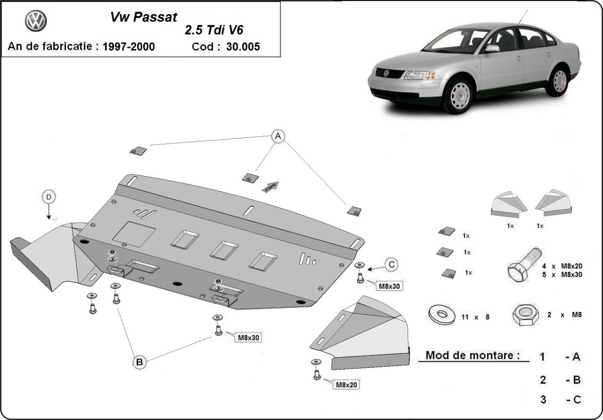 Ocelový kryt olejové vany pro VW Passat B5 2.5 TDI V6 1997 - 2000, 2.5 TDI V6