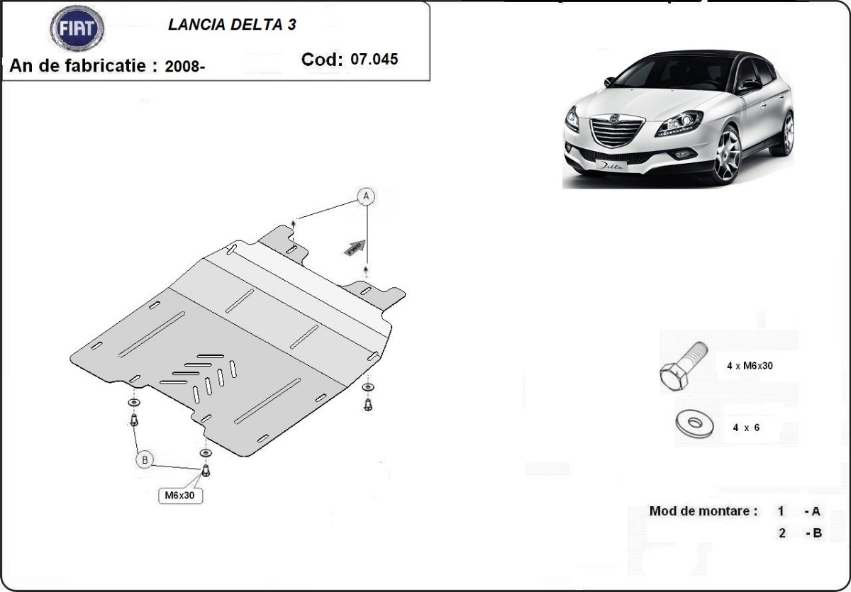 Ocelový kryt olejové vany pro ochranu motoru a převodovky pro Lancia Delta 3 2008 - 2014, všechny motory