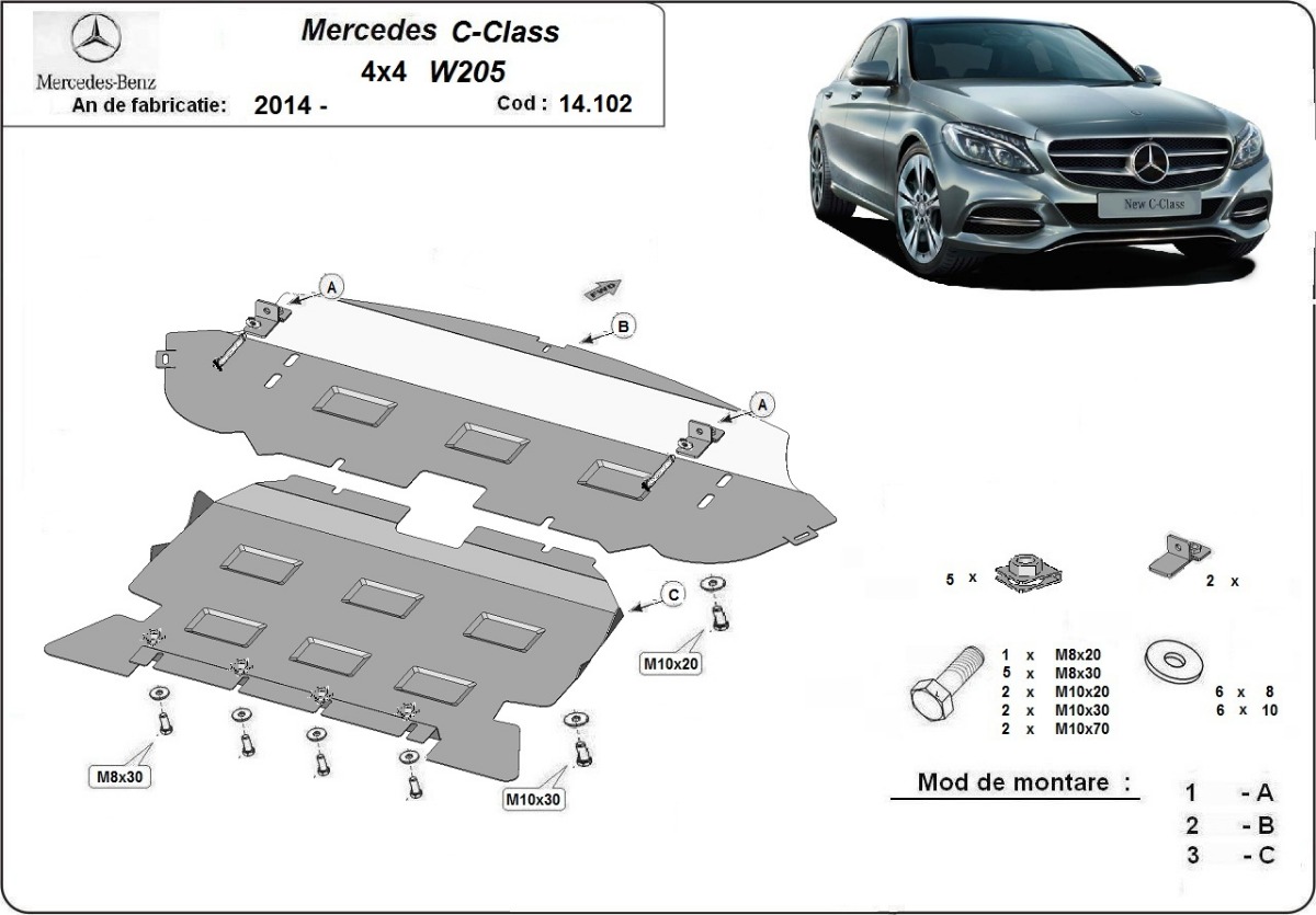 Ocelový kryt olejové vany pro Mercedes třídy C W205 4x4 2014 - 2021, 4x4