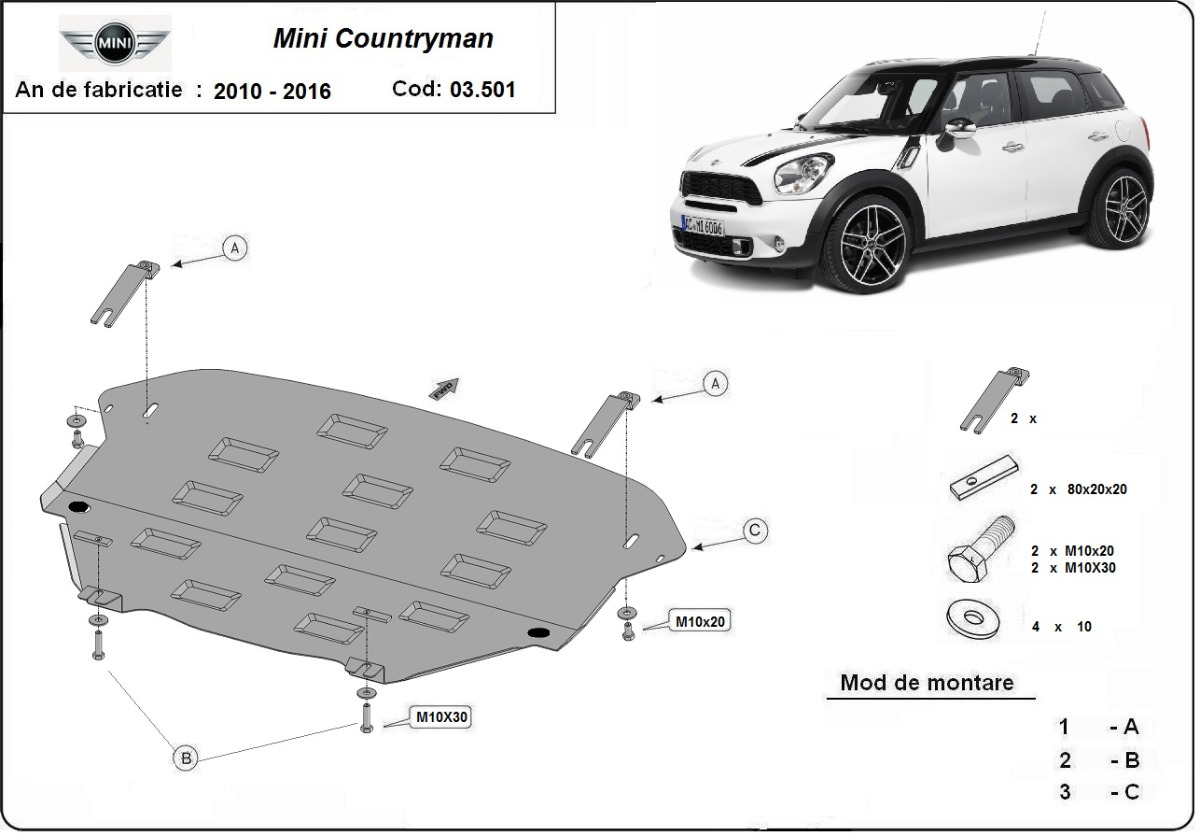 Ocelový kryt olejové vany pro Mini Countryman R60 2010 - 2016, všechny motory