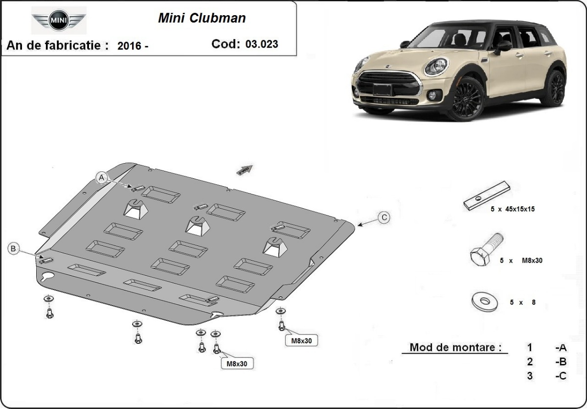 Ocelový kryt olejové vany pro ochranu motoru a převodovky pro Mini Clubman 2016 - 2026, všechny motory