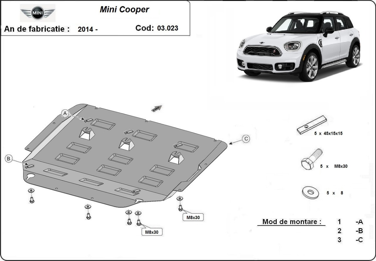 Ocelový kryt olejové vany pro ochranu motoru a převodovky pro Mini Cooper F55/56 2014 - 2026, všechny motory