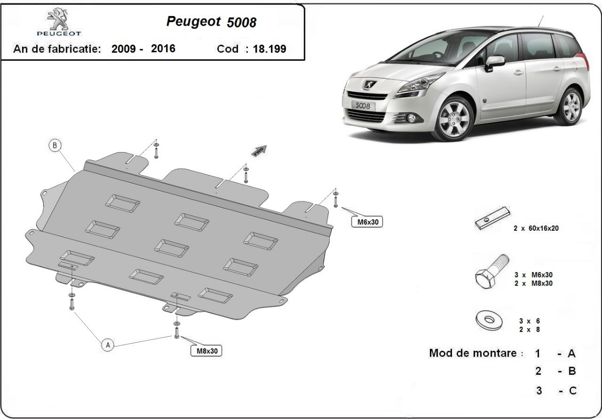 Ocelový kryt olejové vany pro ochranu motoru a převodovky pro Peugeot 5008 2009 - 2017, všechny motory