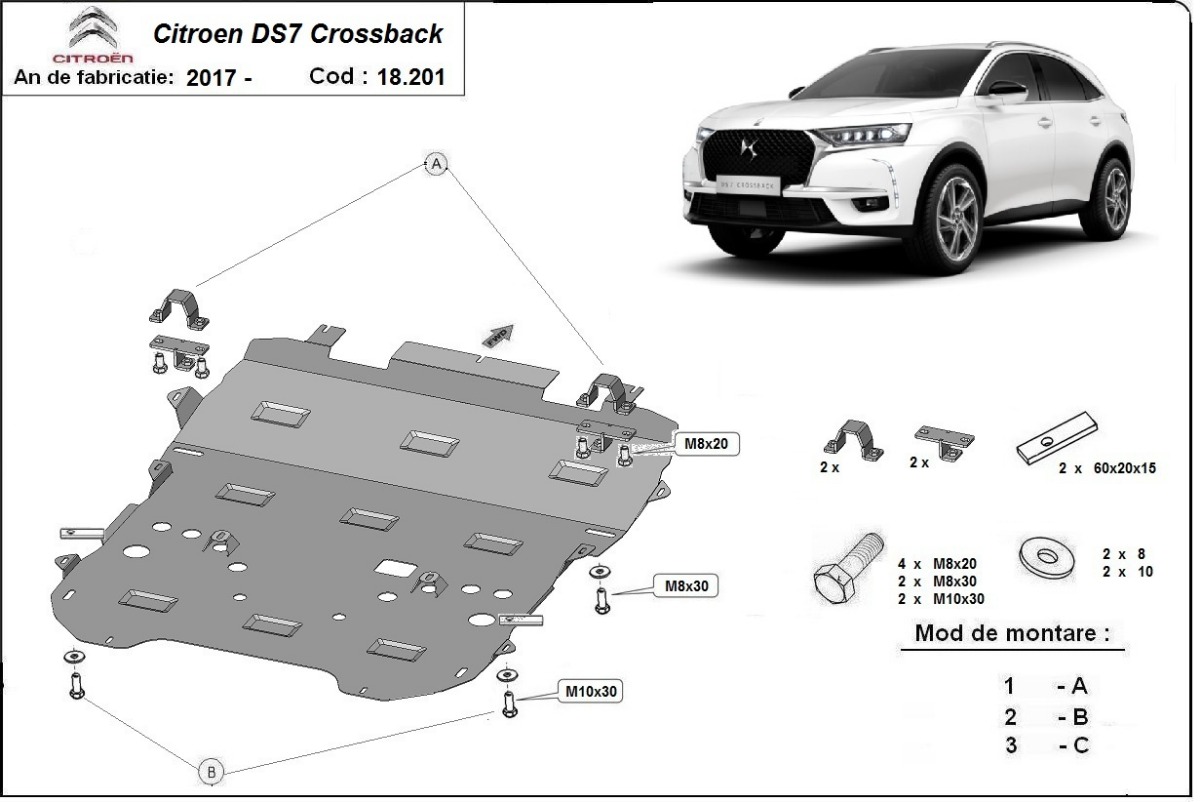 Ocelový kryt pod olejovou vanu pro Citroen DS7 Crossback 2017 - 2026, všechny motory