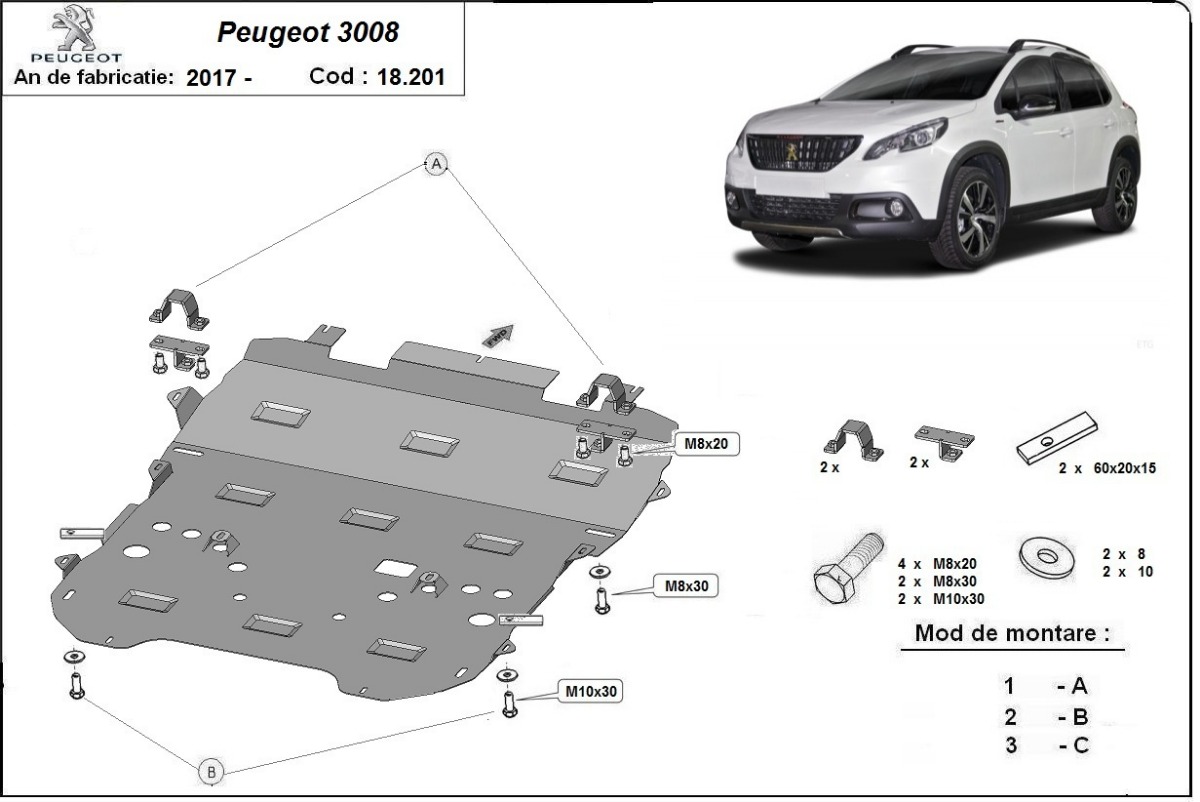 Ocelový kryt olejové vany pro ochranu motoru a převodovky pro Peugeot 3008 2017 - 2026, všechny motory
