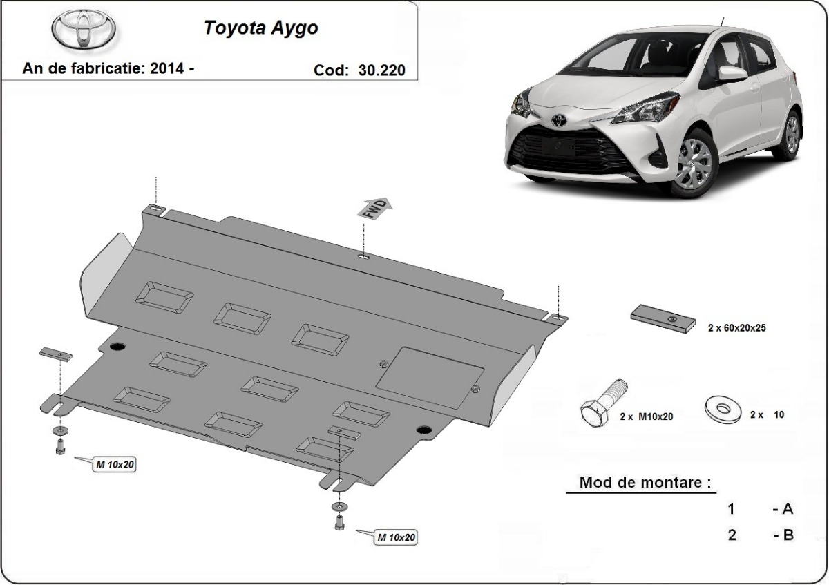 Ocelový kryt olejové vany pro Toyota Aygo AB40 2014 - 2022, všechny motory