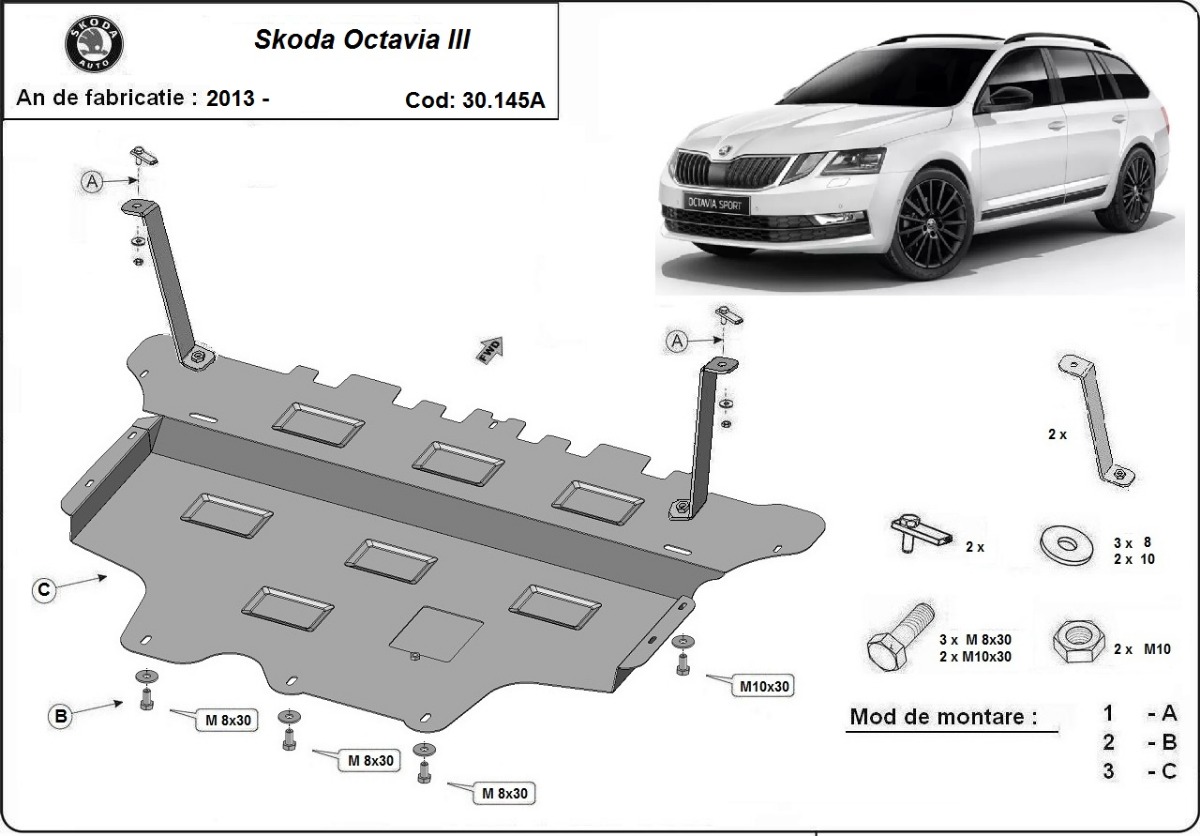 Ocelový kryt olejové vany pro ochranu motoru a převodovky pro vůz Škoda Octavia 3 - automatická převodovka 2013 - 2019, všechny motory