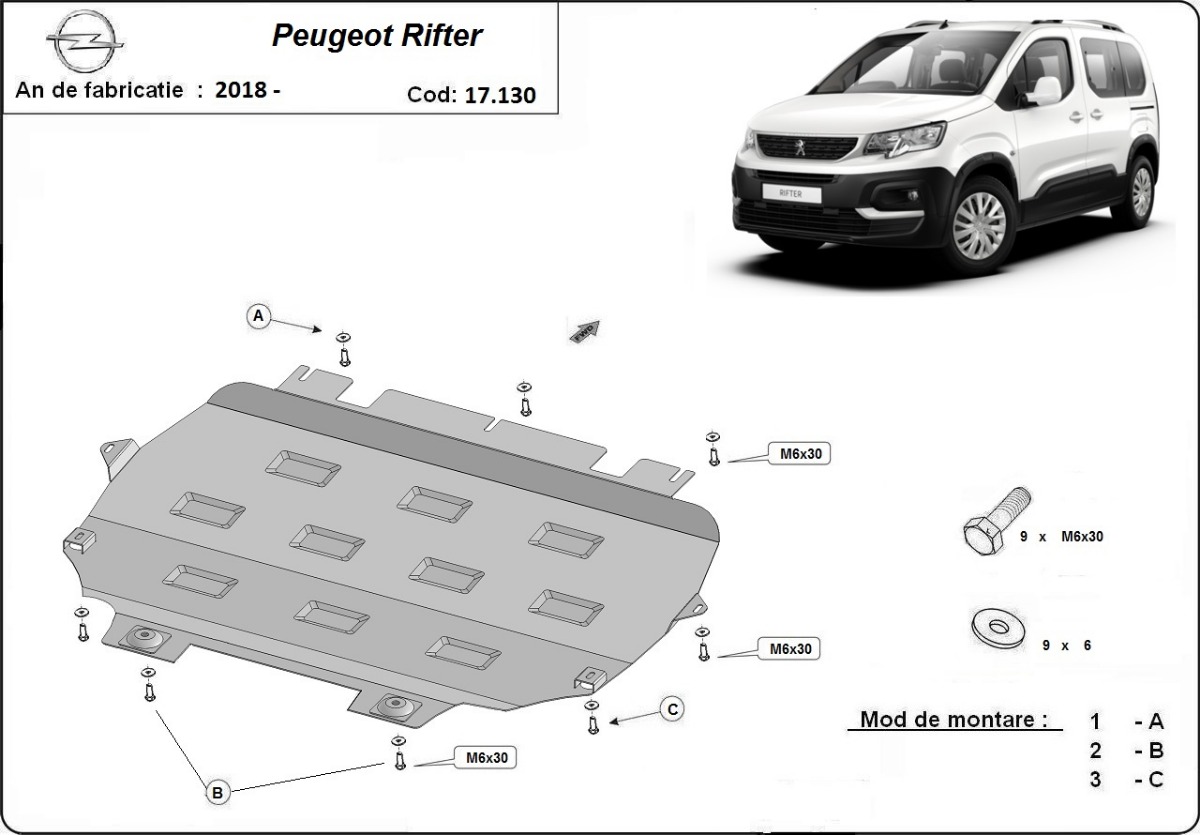 Ocelový kryt olejové vany pro Peugeot Rifter / Partner 2018 - 2026, všechny motory
