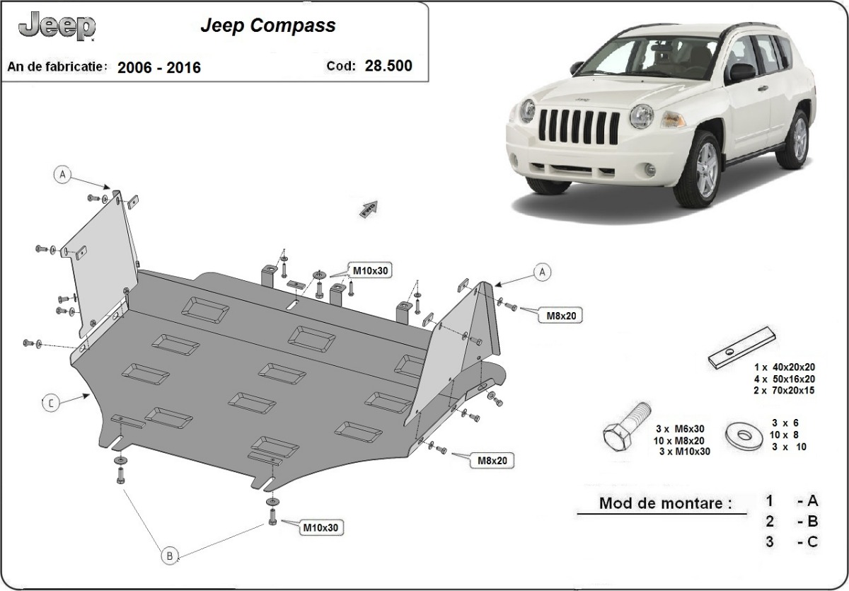 Ocelový kryt olejové vany pro Jeep Compass 2006 - 2016, všechny motory