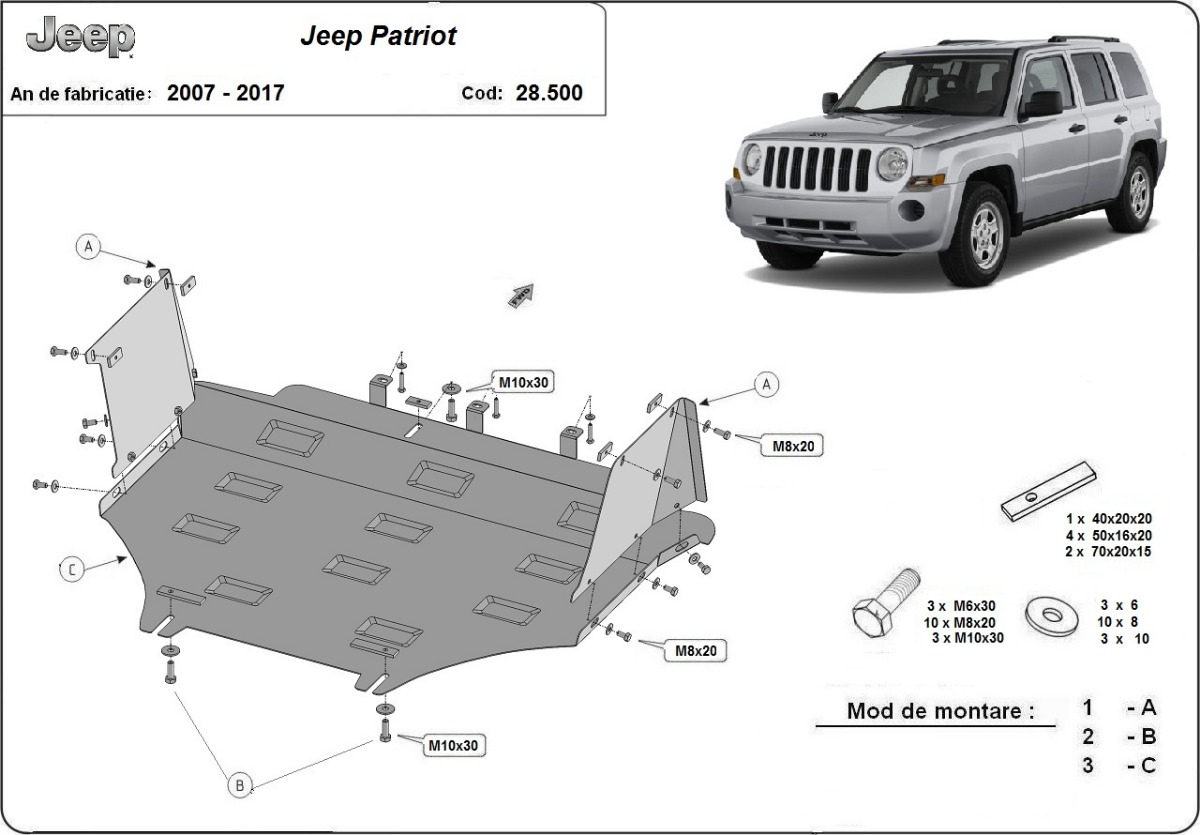 Ocelový kryt olejové vany pro Jeep Patriot 2007 - 2017, všechny motory
