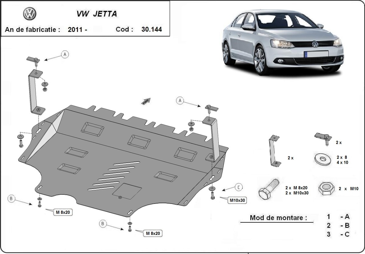 Ocelová ochrana pod olejovou vanu pro Volkswagen VW Jetta 2011 - 2026, všechny motory
