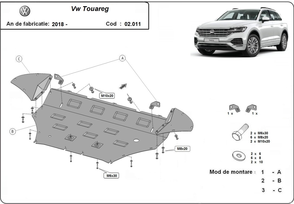 Ocelový kryt olejové vany pro Volkswagen Touareg 2018 - 2026, všechny motory