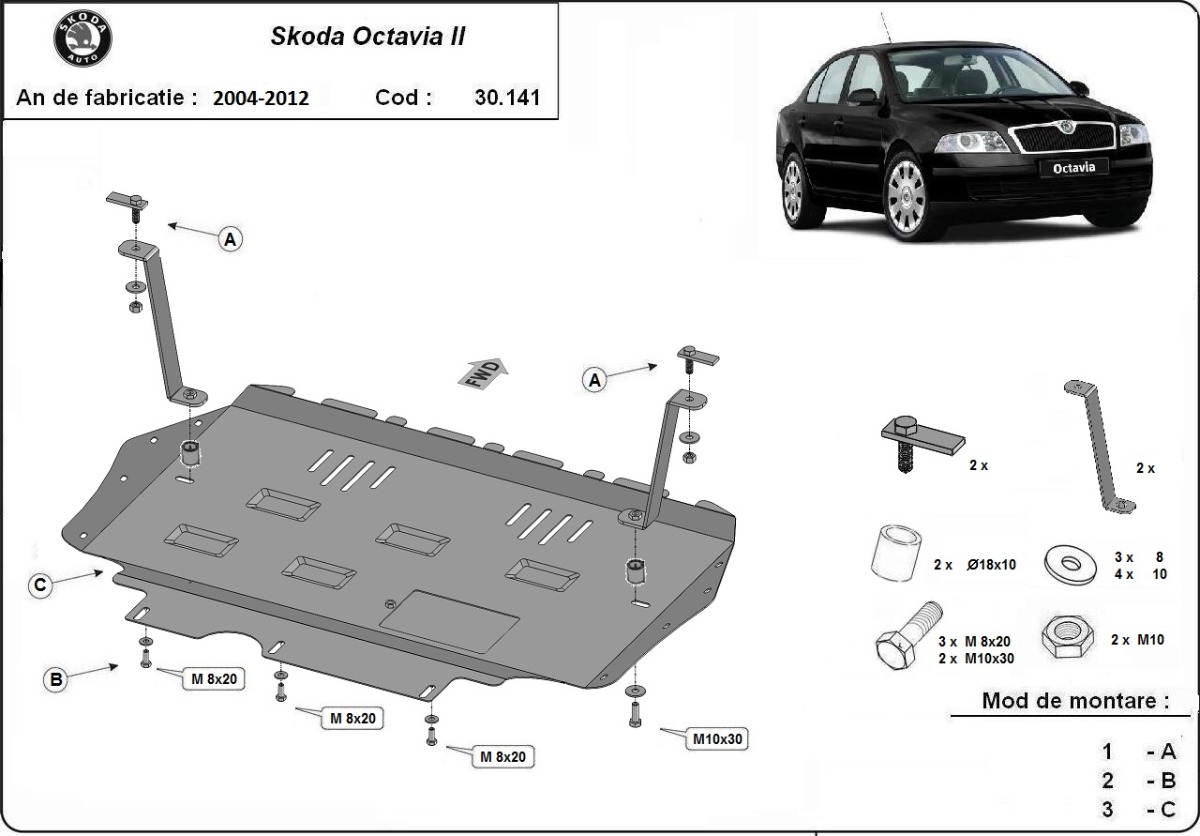 Ocelový kryt olejové vany pro Škoda Octavia 2 2004 - 2012, všechny motory