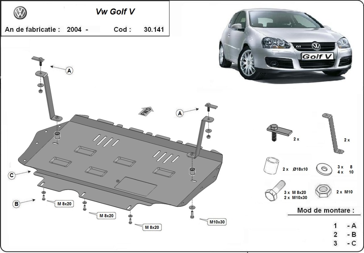 Ocelový kryt olejové vany pro VW Golf MK5 2004 - 2010, všechny motory