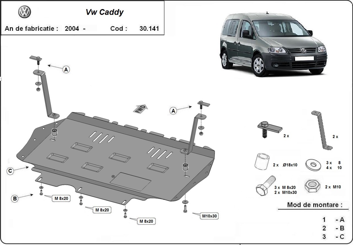 Ocelový kryt olejové vany pro VW Caddy 2003 - 2012, všechny motory