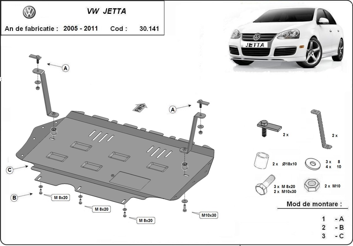 Ocelový kryt olejové vany pro VW Jetta 2005 - 2011, všechny motory