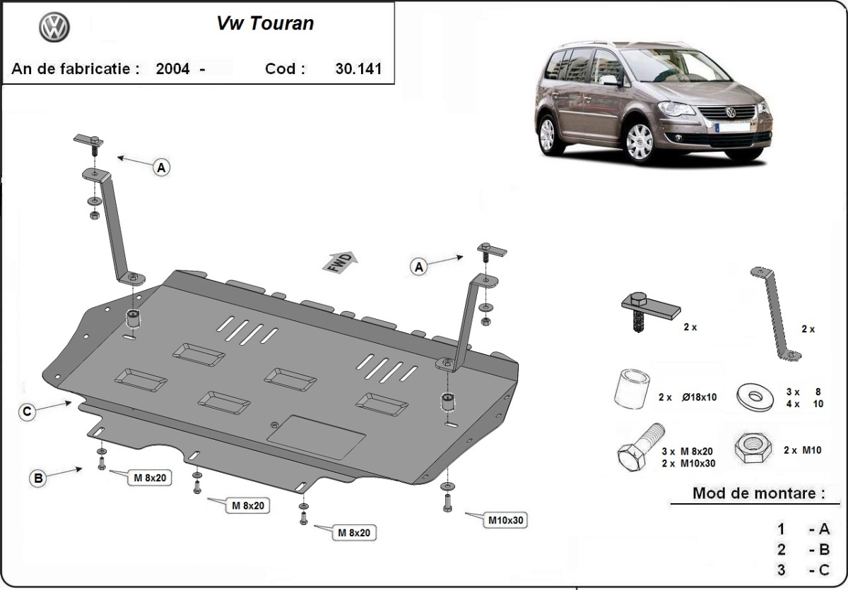 Ocelový kryt olejové vany pro Volkswagen Touran 2003 - 2015, všechny motory