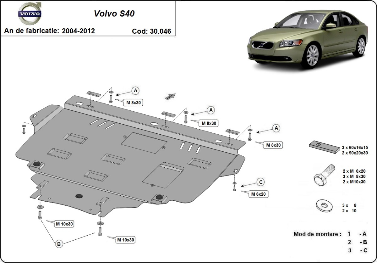 Ocelový kryt olejové vany pro Volvo S40 2004 - 2012, všechny motory