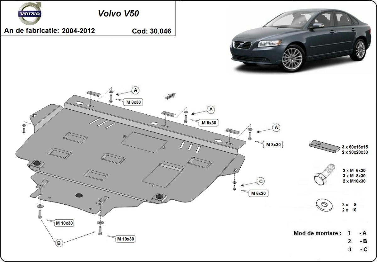 Ocelový kryt olejové vany pro Volvo V50 2004 - 2012, všechny motory
