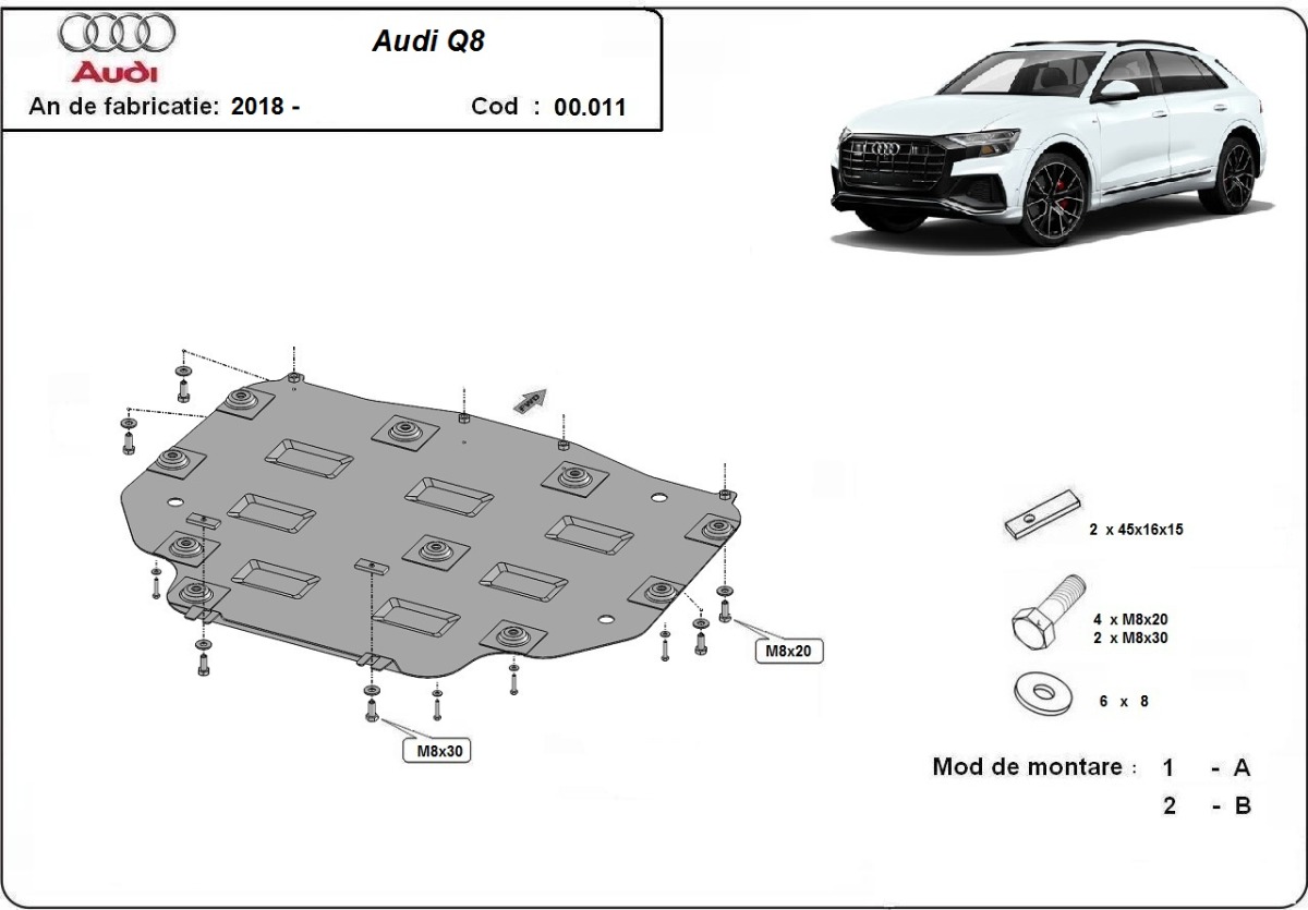 Ocelový kryt převodovky pro Audi Q8 2018 - 2026, všechny motory