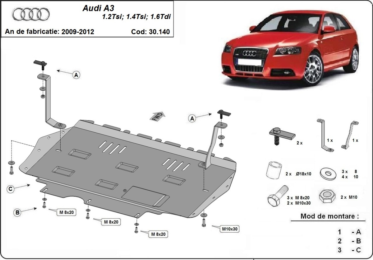 Ocelový kryt olejové vany pro ochranu motoru a převodovky pro Audi A3 2008 - 2012, 1.2, 1.4 Tsi, 1.6 Tdi - 2.0 TDI